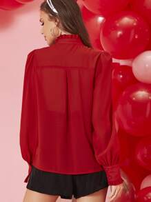 SHEIN Áo sơ mi Nút màu trơn Đỏ Thanh lịch - Đỏ - Xem 2
