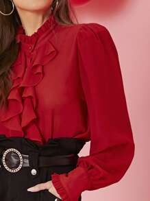 SHEIN Áo sơ mi Nút màu trơn Đỏ Thanh lịch - Đỏ - Xem 3