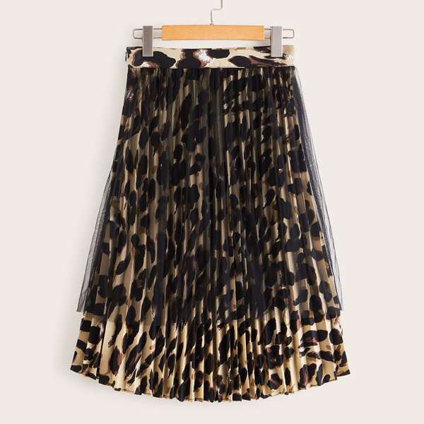 

Mesh Overlay Leopard Print Pleated Skirt, Multicolor