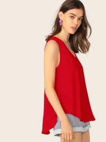 SHEIN Essnce V-neck High-low Hem Swing Top - Red - View 4