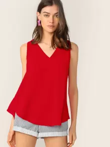 SHEIN Essnce V-neck High-low Hem Swing Top - Red - View 1