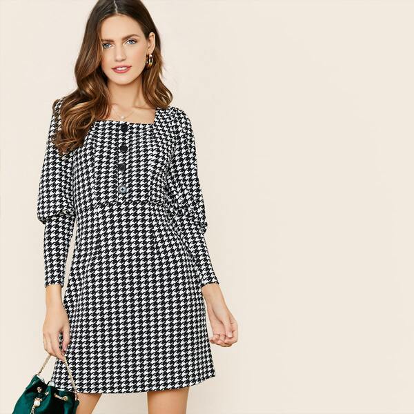 

Button Front Gigot Sleeve Houndstooth Dress, Black and white