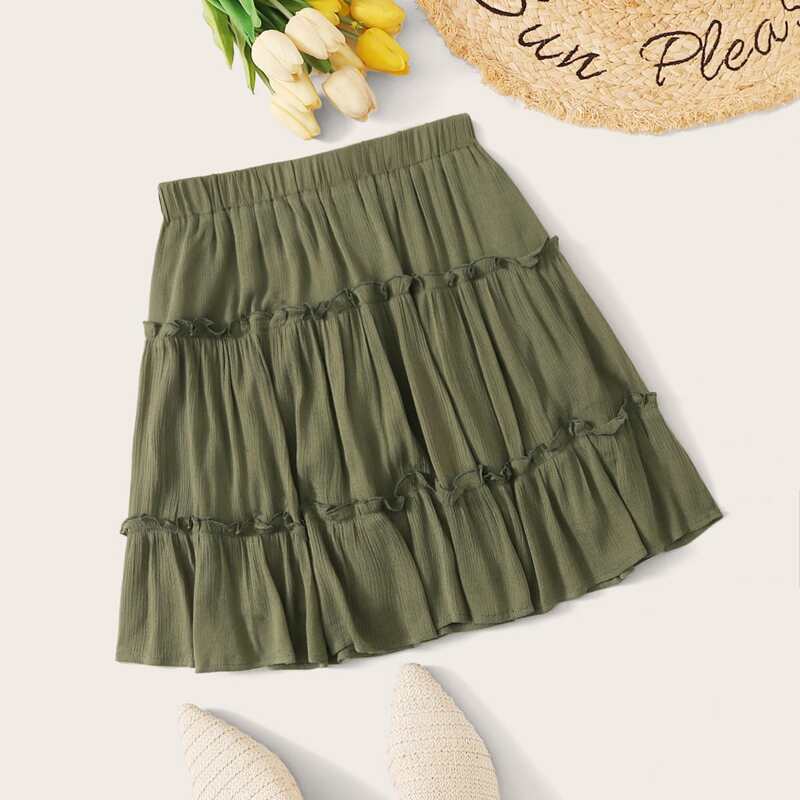 

Frill Trim Layered Skirt, Army green