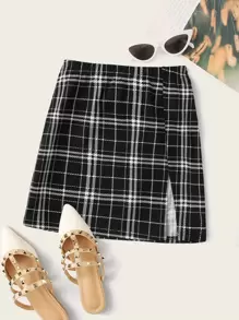 SHEIN Essnce Split Hem Plaid Skirt - Black and White - View 1