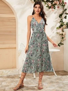 SHEIN Clasi Floral Print Pleated Slip Dress - Multicolor - View 3