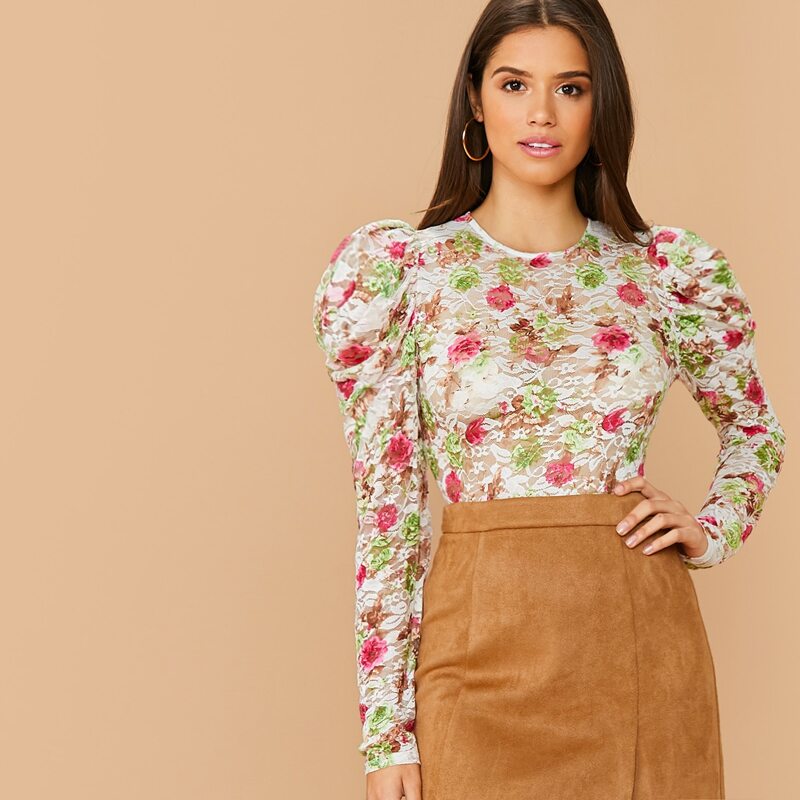 

Gigot Sleeve Sheer Floral Lace Top, Multicolor