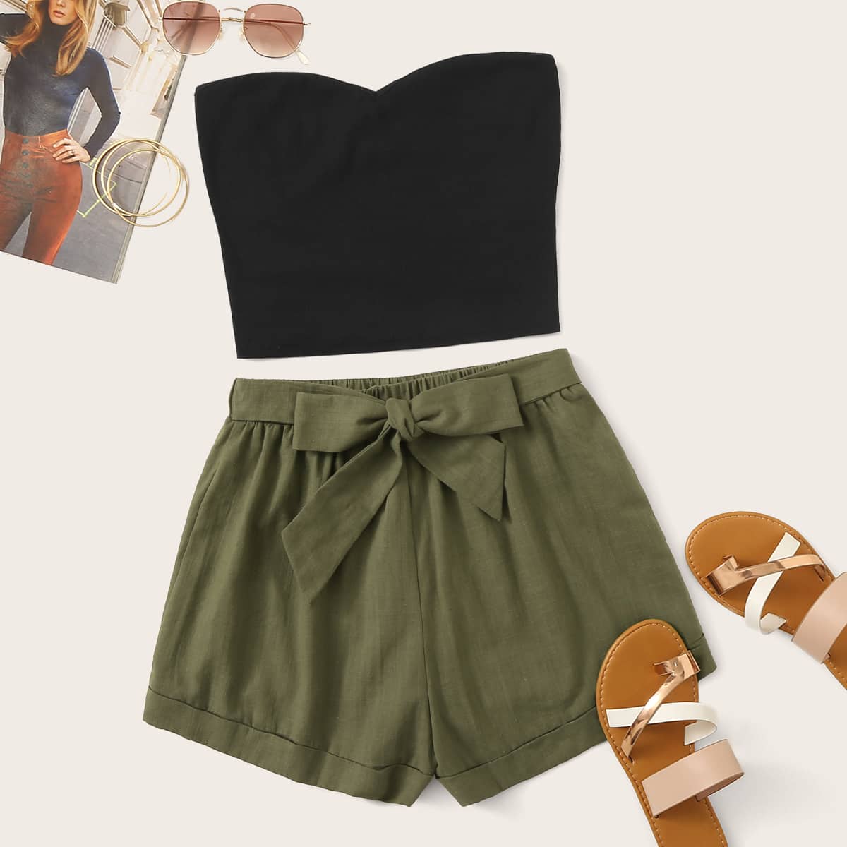 

Plus Solid Tube Top & Tie Front Shorts Set, Multicolor
