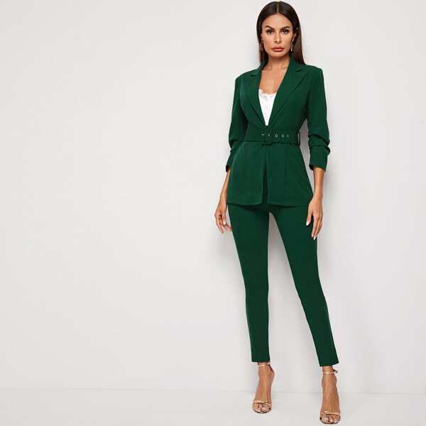 

Adjustable Belted Blazer & Pants Set, Dark green