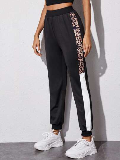 Contrast Leopard Color-block Sports Pants