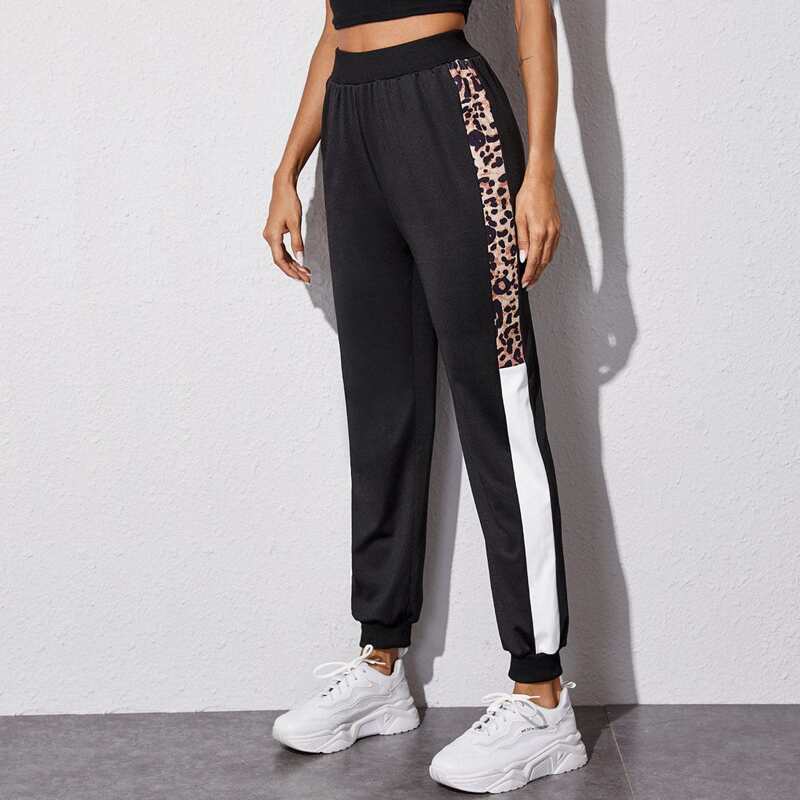 

Contrast Leopard Color-block Sports Pants, Black