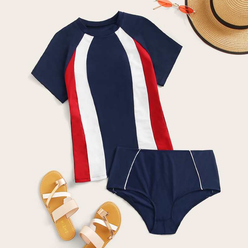

Striped Short Sleeve Bikini Swimsuit, Multicolor