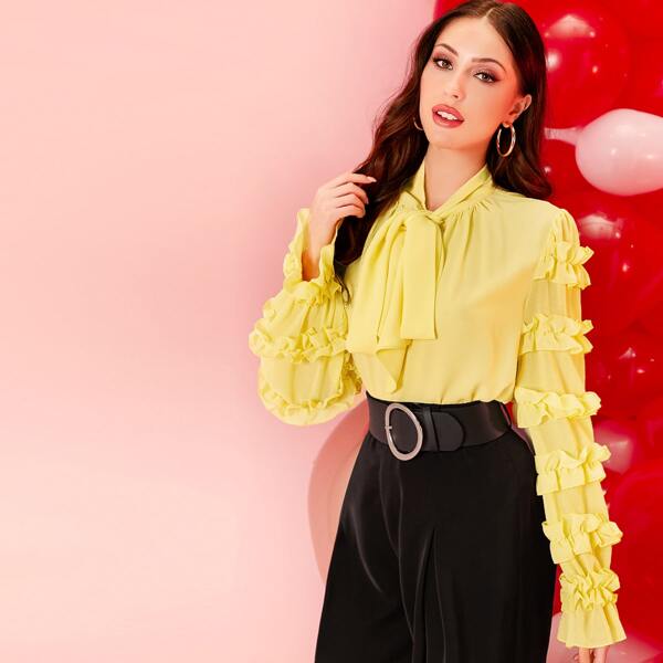 

Tie Neck Layered Ruffle Trim Bell Sleeve Top, Yellow pastel