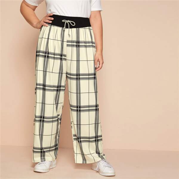 

Plus Plaid Drawstring Waist Wide Leg Pants, Beige