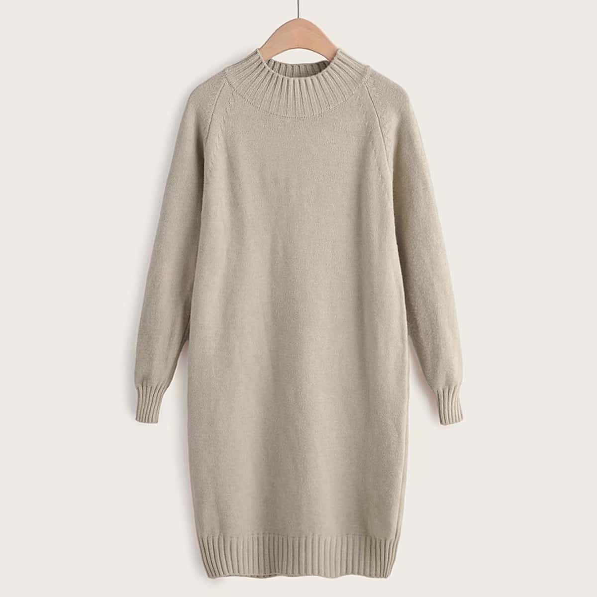 

Stand Collar Raglan Sleeve Solid Sweater Dress, Khaki