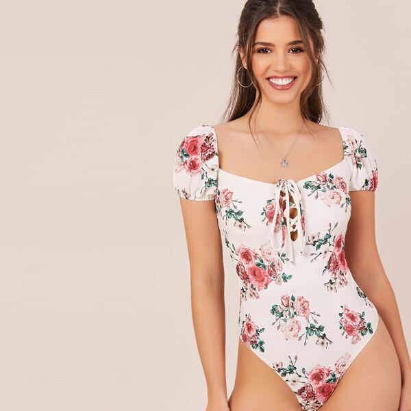 

Lace Front Short Puff Sleeve Floral Bodysuit, Multicolor