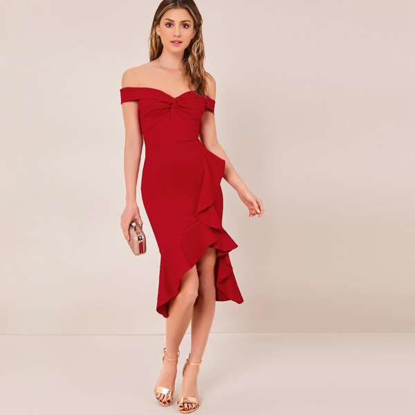 

Off Shoulder Twist Detail Ruffle Mermaid Dress, Red