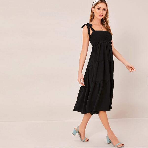 

Tie Straps Smocked And Shirred A-Line Midi Dress, Black