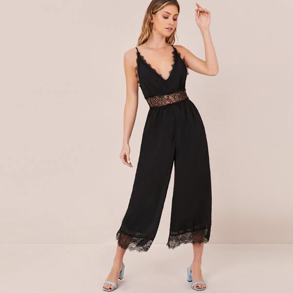 

Swiss Dot Lace Trim Sleeveless Jumpsuit, Black
