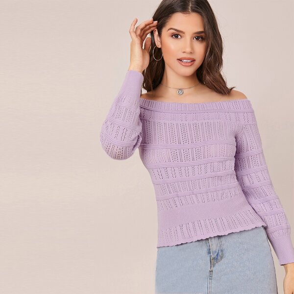 

Off Shoulder Cinched Waist Pointelle Sweater, Lilac purple