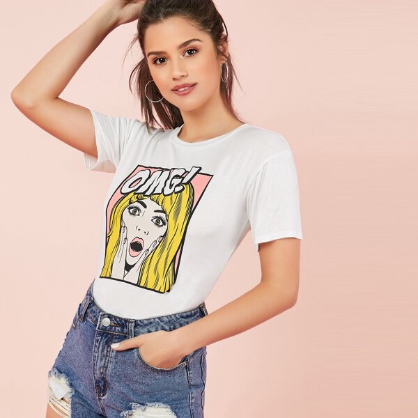 

Short Sleeve Cartoon Pop Art OMG Graphic T-Shirt, White
