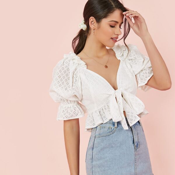 

Embroidered Eyelet Tie Front Quarter Sleeve Blouse, White