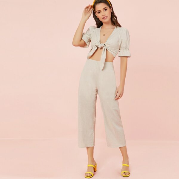 

Ruffle Tie Front Crop Top And Palazzo Pants Set, Beige