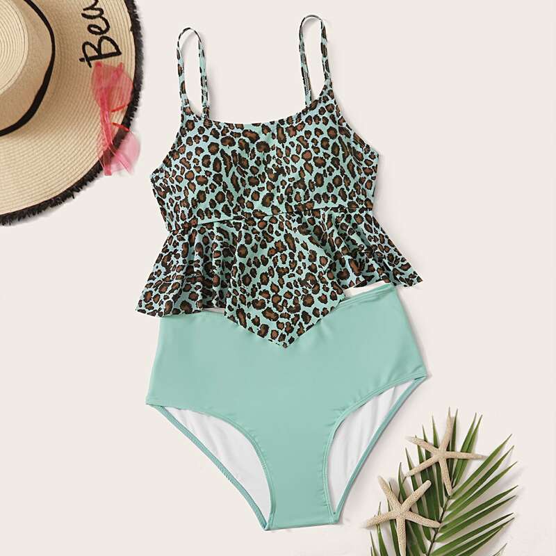 

Leopard Hanky Hem High Waisted Tankini Swimsuit, Multicolor