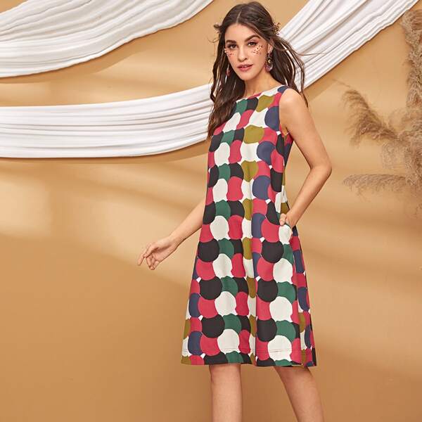 

Graphic Print Pocket Side Tank Dress, Multicolor