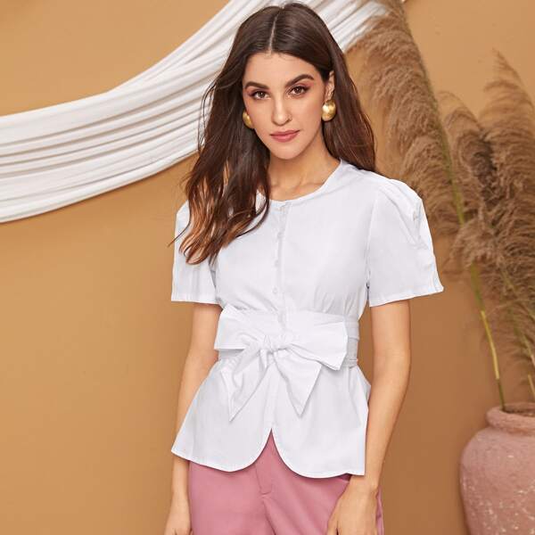

Tie Front Button Peplum Blouse, White