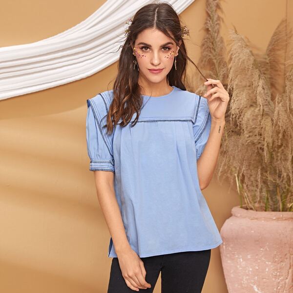 

Contrast Trim Split Side Blouse, Blue