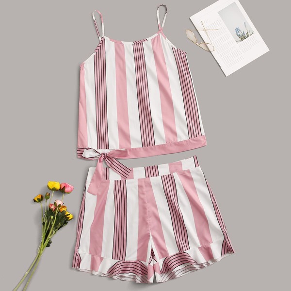 

Plus Striped Bow Front Cami Top & Shorts, Multicolor