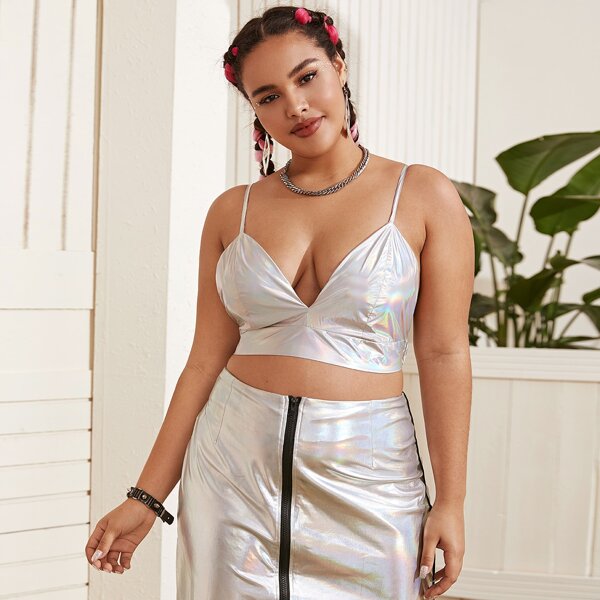 

Plus Holographic Metallic Crop Cami Top, Grey