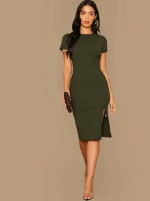 SHEIN BASICS Vestido de tubo algodón bajo con abertura tejido de canalé - Verde militar - Ver 5