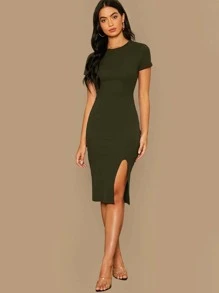 SHEIN BASICS Vestido de tubo algodón bajo con abertura tejido de canalé - Verde militar - Ver 1