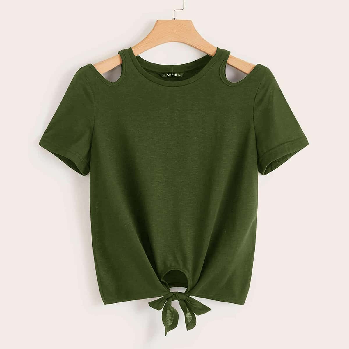 

Solid Cutout Shoulder Tie Front Top, Army green