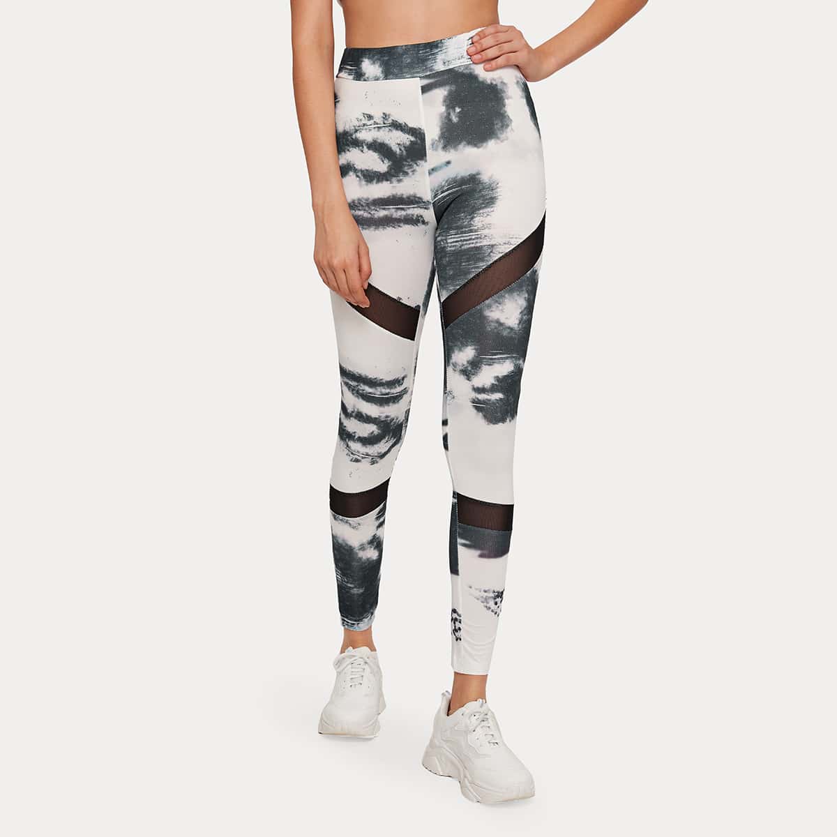

Sheer Mesh Panel Tie Dye Leggings, Black and white