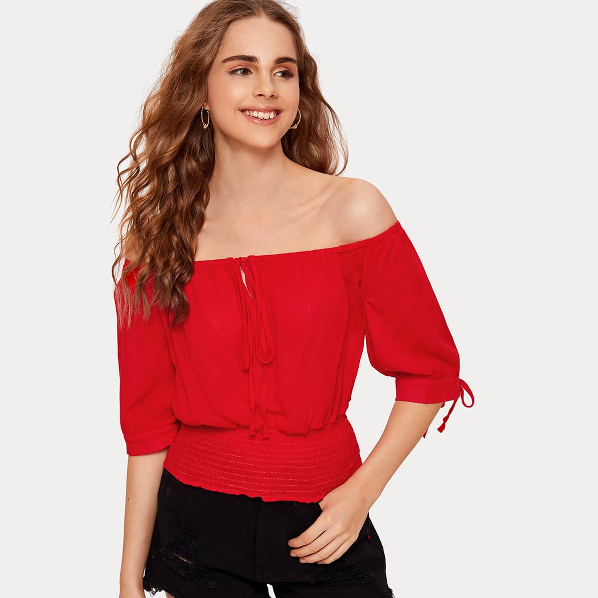 

Tie Off Shoulder Shirred Waist Blouse, Red