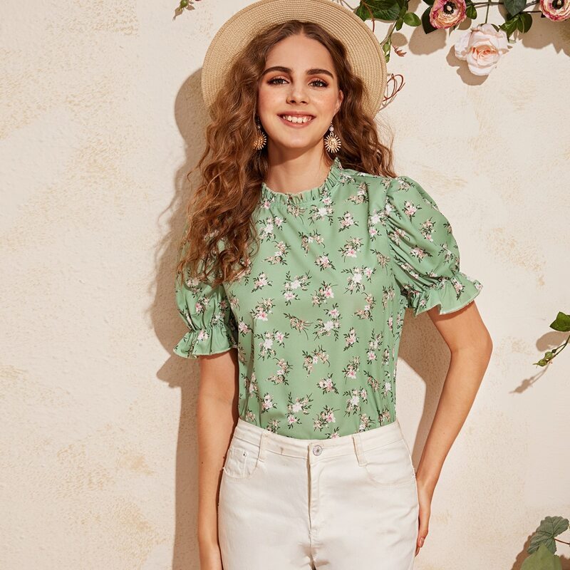 

Ruffle Trim Puff Sleeve Floral Print Top, Green pastel