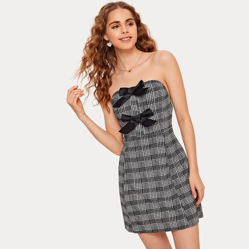 

Bow Front Plaid Tube Dress, Black and white