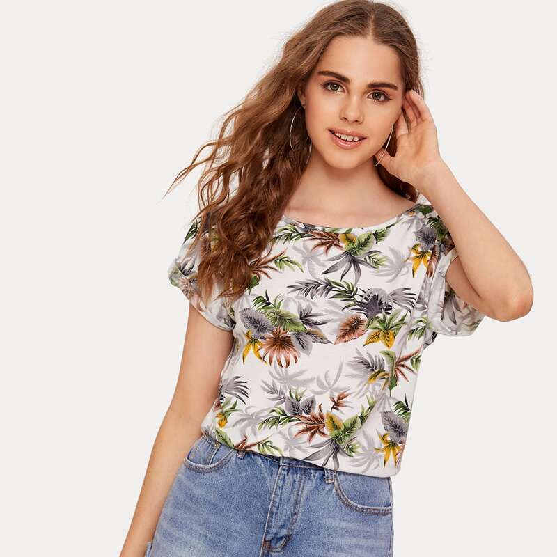 

Tropical Print Roll Up Sleeve Tee, Multicolor