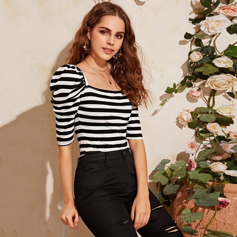 

Square Neck Striped Top, Black and white