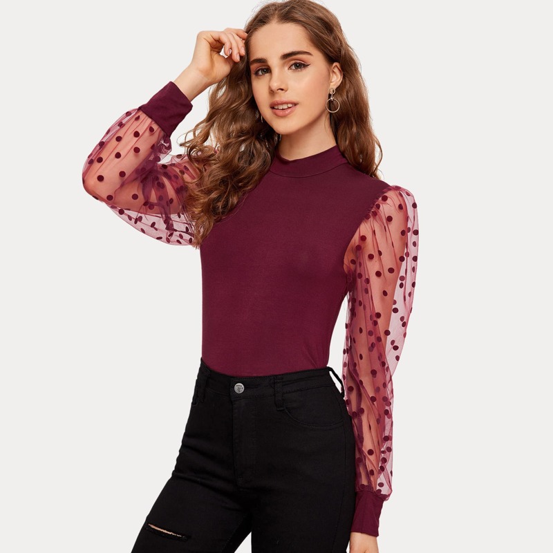 

Stand Collar Dobby Mesh Sleeve Top, Burgundy