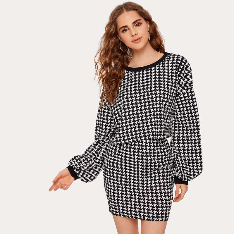 

Solid Trim Houndstooth Crop Top & Skirt Set, Black and white