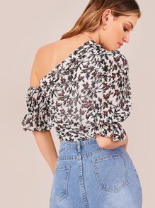 SHEIN Top floral fruncido de cuello asimétrico - Blanco y Negro - Ver 2