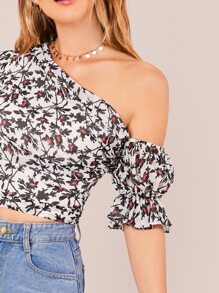 SHEIN Top floral fruncido de cuello asimétrico - Blanco y Negro - Ver 4