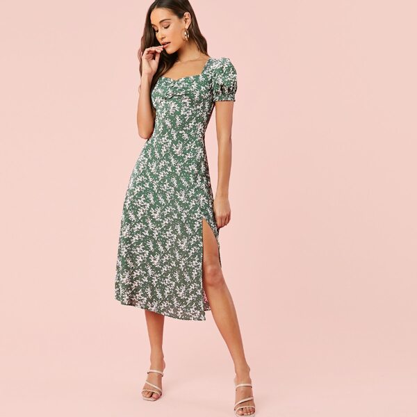 

Puff Sleeve Ruched Front Split Thigh Ditsy Floral Dress, Green