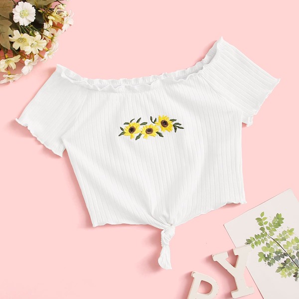 

Girls Sunflower Embroidery Lettuce Trim Rib-knit Tee, White