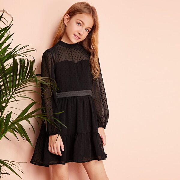 

Girls Keyhole Back Ruffle Hem Swiss Dot Dress, Black