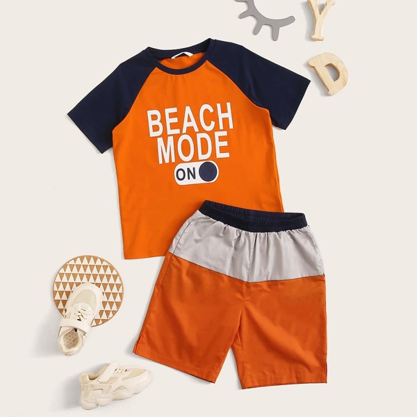 

Boys Raglan Sleeve Slogan Graphic Top & Colorblock Shorts Set, Multicolor