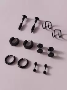 6對圓環和螺絲造型耳環 - 黑色 - 查看 2